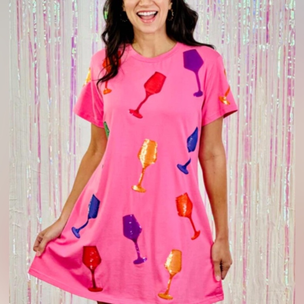 QUEEN OF SPARKLES Pink Sequin Wine Glass Mini Dress